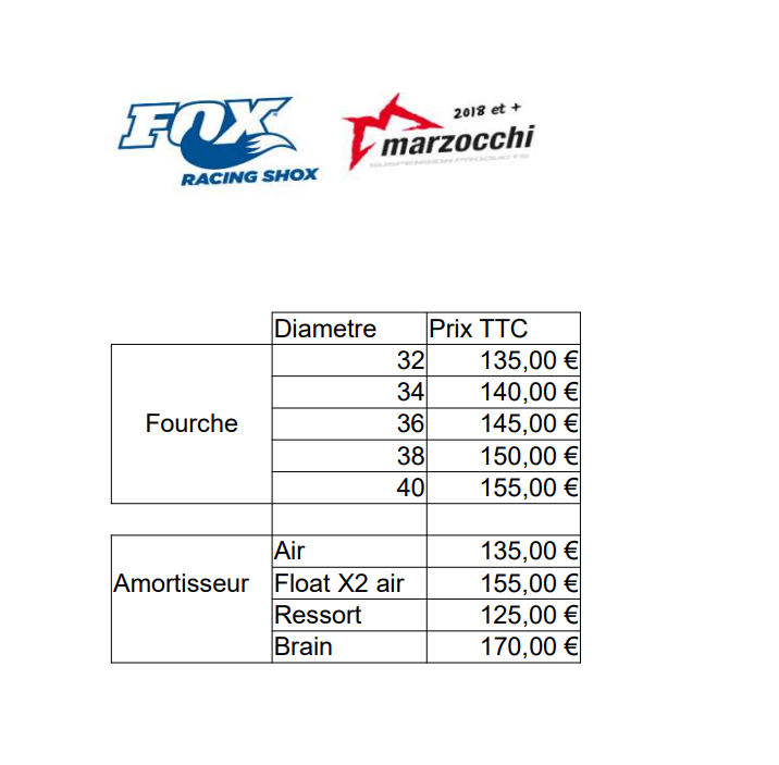 Tarif entretien Fox et Marzocchi