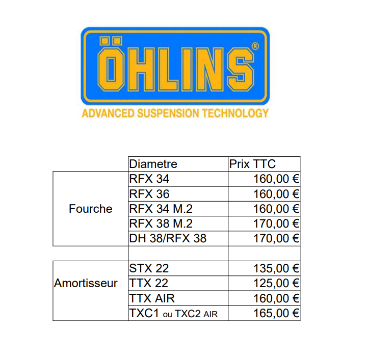 Tarif entretien Öhlins